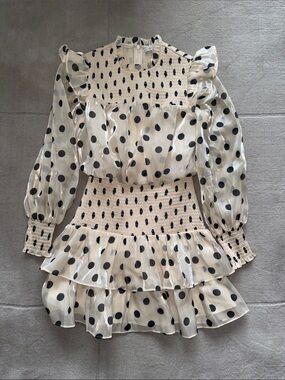 English Factory Cream Dress with Black Polka Dots and Ruffles